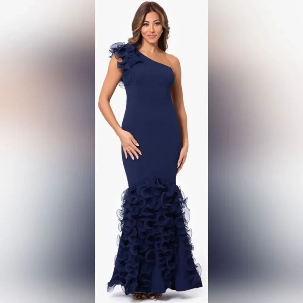Xscape Evenings "Vivienne" Scuba Ruffle Dress 6178X NWT Size 6 Navy Blue